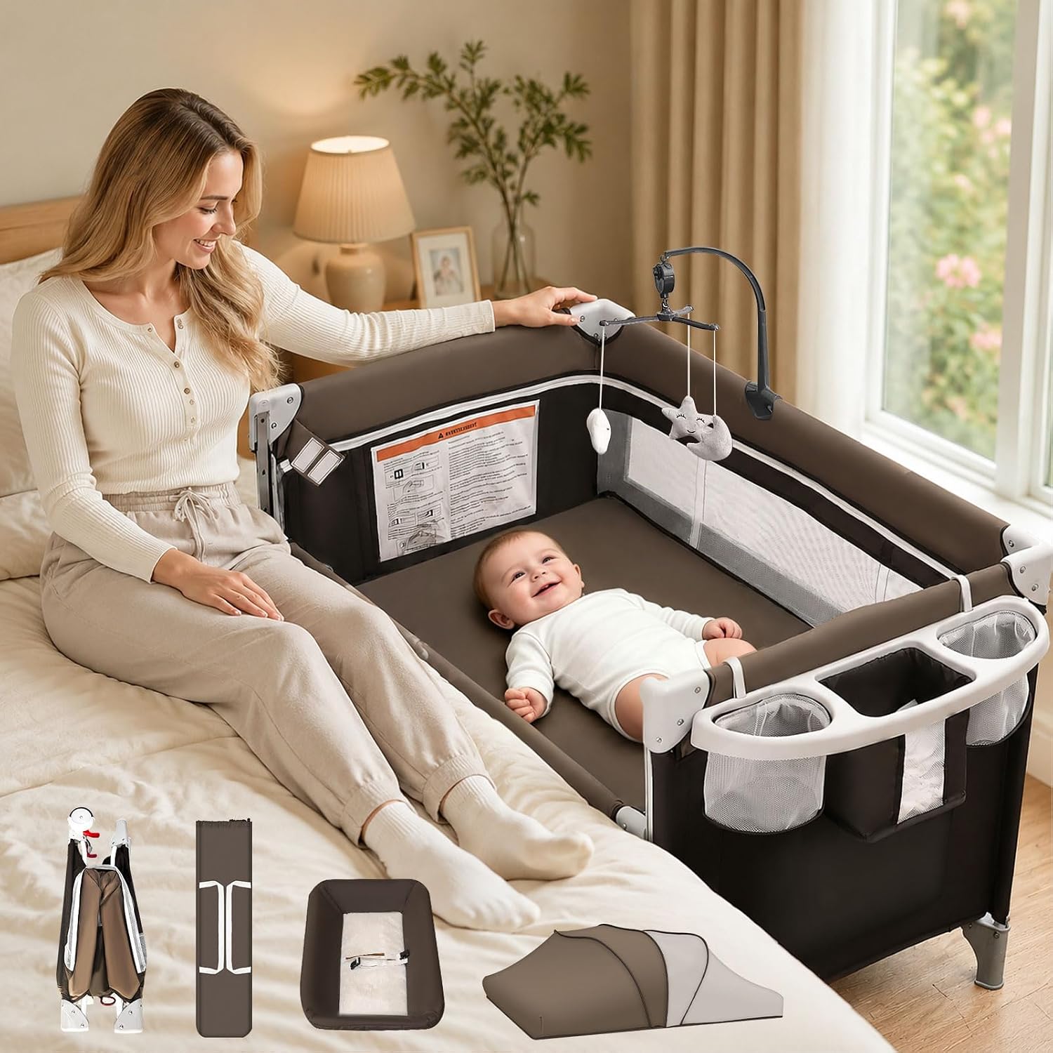 Bassinet Bedside Sleeper - Tempat Tidur Bayi 5-in-1, Kasur Bayi