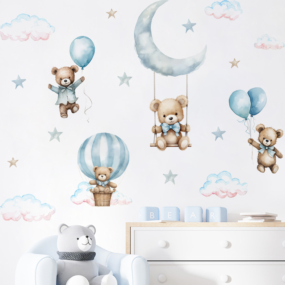 Baby Nursery Decor Boy - Stiker dinding awan balon udara beruang