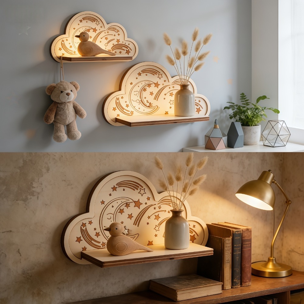Baby Nursery Hooks - Rak Dinding Awan Kayu Bintang Bulan