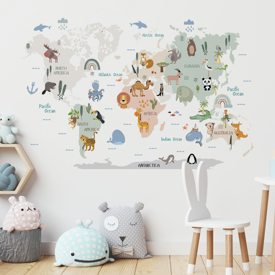 Baby Nursery Package - Stiker dinding peta dunia kartun cat